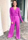 FRNCH Pomelo High Waist Ribbed Wide Leg Pant- Fuschia-Hand In Pocket