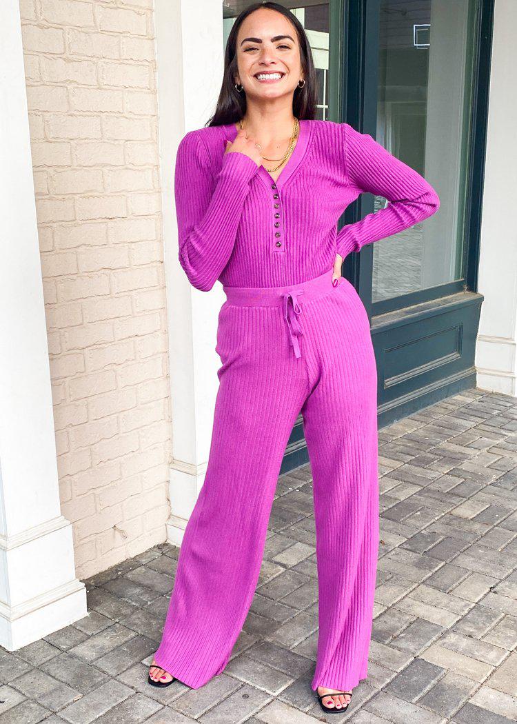 FRNCH Pomelo High Waist Ribbed Wide Leg Pant- Fuschia-Hand In Pocket