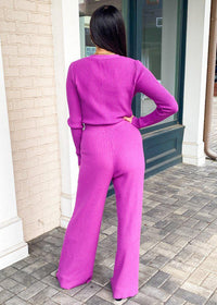 FRNCH Pomelo High Waist Ribbed Wide Leg Pant- Fuschia-Hand In Pocket