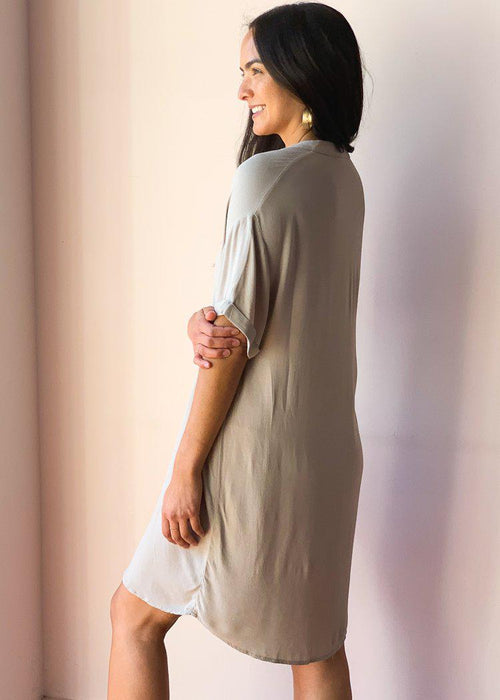 Bobi V-neck Short Sleeve Tunic Dress - Tan-Hand In Pocket