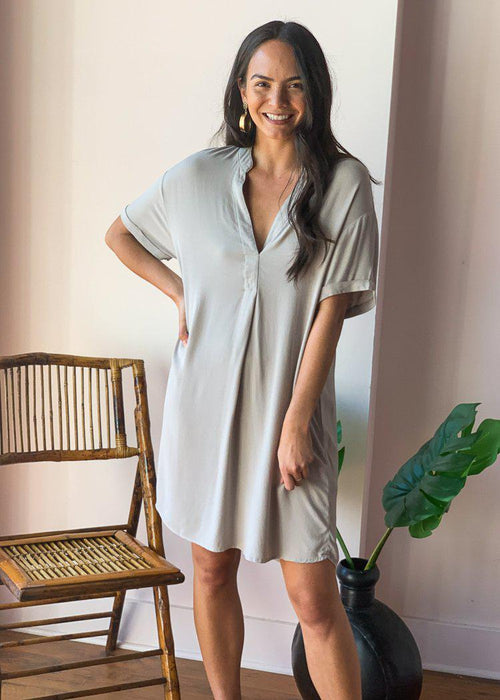 Bobi V-neck Short Sleeve Tunic Dress - Tan-Hand In Pocket