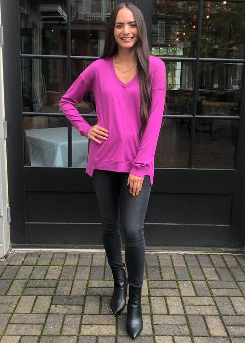 Bobi Essential Long Sleeve V Neck Tee-Iris-Hand In Pocket