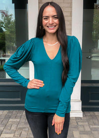 Bobi Puff Shoulder V Neck Tee-Jade-Hand In Pocket