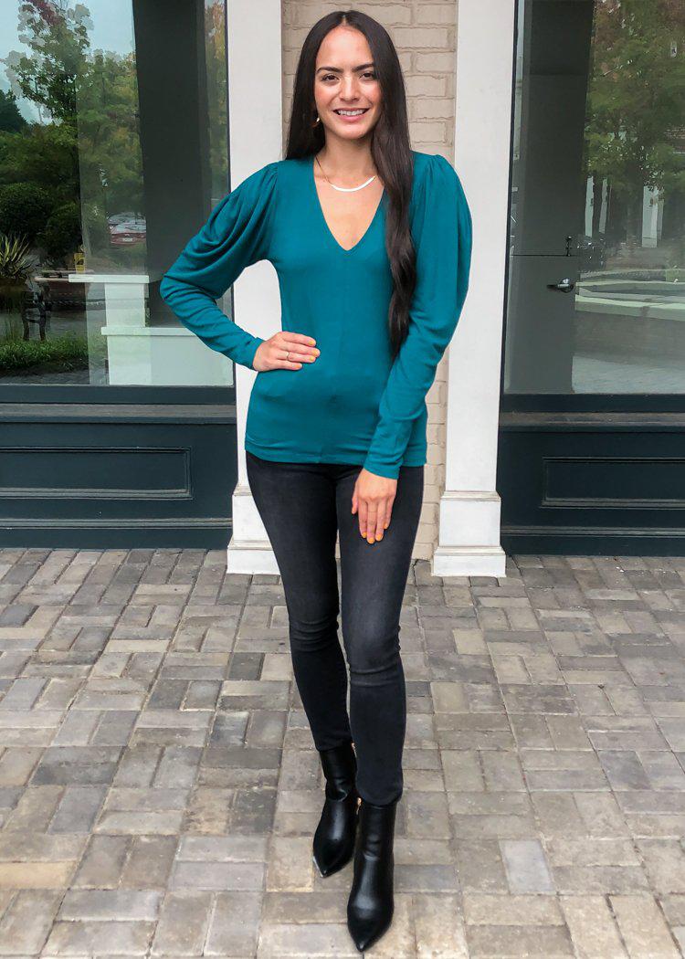 Bobi Puff Shoulder V Neck Tee-Jade-Hand In Pocket