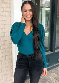 Bobi Puff Shoulder V Neck Tee-Jade-Hand In Pocket