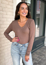 Michael Stars Tayshia V Neck Ribbed Tee- Woodchip-***FINAL SALE***-Hand In Pocket