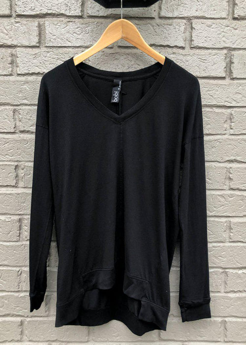 Bobi Essential Long Sleeve V Neck Tee-Black-Hand In Pocket