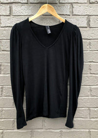 Bobi Puff Shoulder V Neck Tee-Black-Hand In Pocket