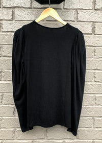 Bobi Puff Shoulder V Neck Tee-Black-Hand In Pocket