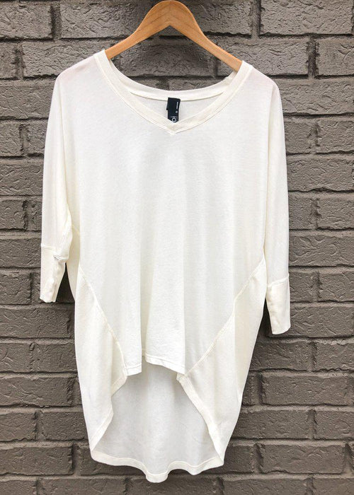 Bobi 3/4 Sleeve Hi/Lo Ribbed Contrast Tee-Cream-Hand In Pocket