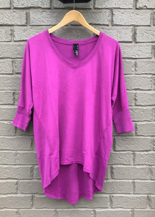 Bobi 3/4 Sleeve Hi/Lo Ribbed Contrast Tee-Iris-Hand In Pocket