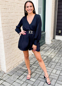 Cobija Long Sleeve Belted Romper-Black-Hand In Pocket