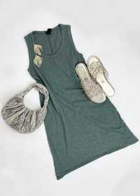 Bobi Scoop Neck Slub Cotton Tank Dress - Dark Sage-***FINAL SALE***-Hand In Pocket