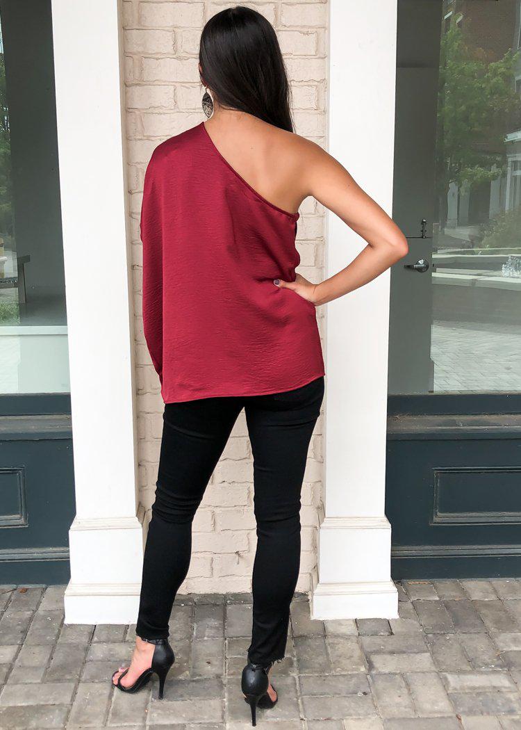 Teagan One Shoulder Blouse - Burgundy-Hand In Pocket