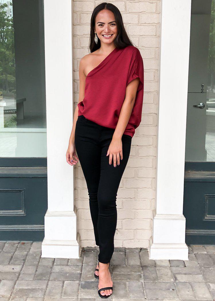 Teagan One Shoulder Blouse - Burgundy-Hand In Pocket