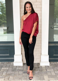 Teagan One Shoulder Blouse - Burgundy-Hand In Pocket