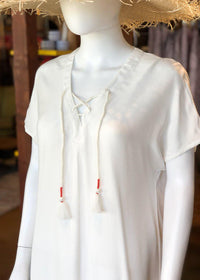 Bobi V-neck Lace Up Short Sleeve Tunic Dress - Ivory-***FINAL SALE***-Hand In Pocket