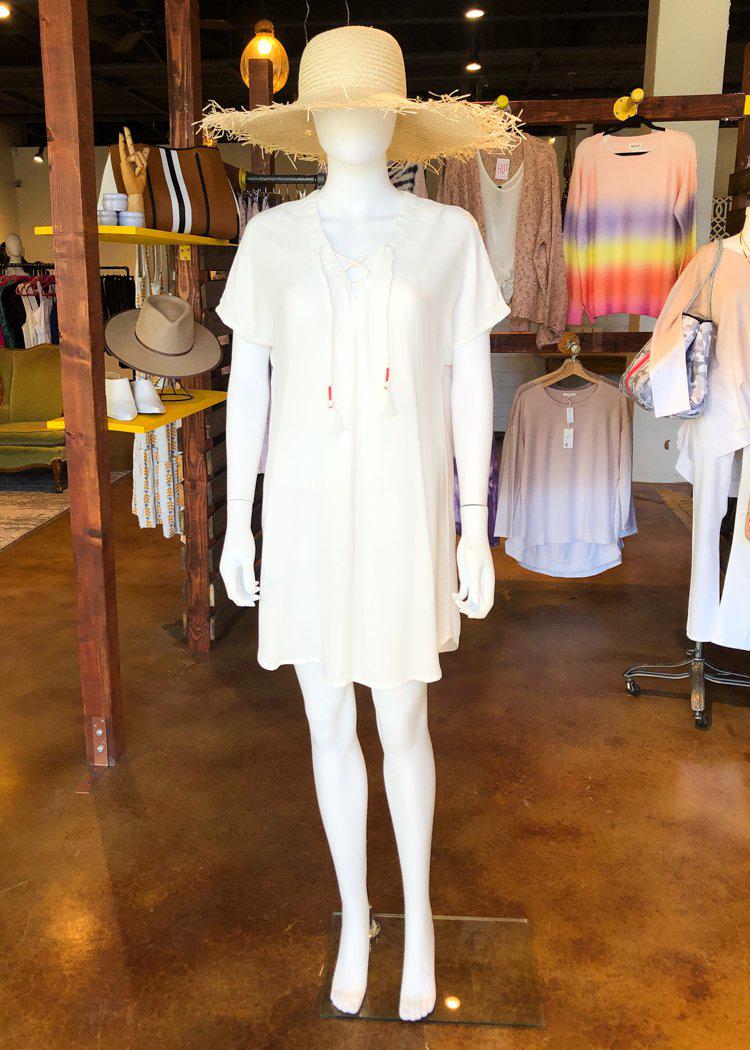 Bobi V-neck Lace Up Short Sleeve Tunic Dress - Ivory-***FINAL SALE***-Hand In Pocket