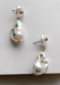 Noosa Pearl Drop Earrings With Turquoise Accents - Ivory-Hand In Pocket