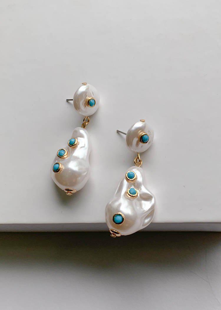 Noosa Pearl Drop Earrings With Turquoise Accents - Ivory-Hand In Pocket