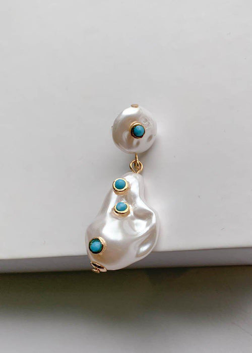 Noosa Pearl Drop Earrings With Turquoise Accents - Ivory-Hand In Pocket