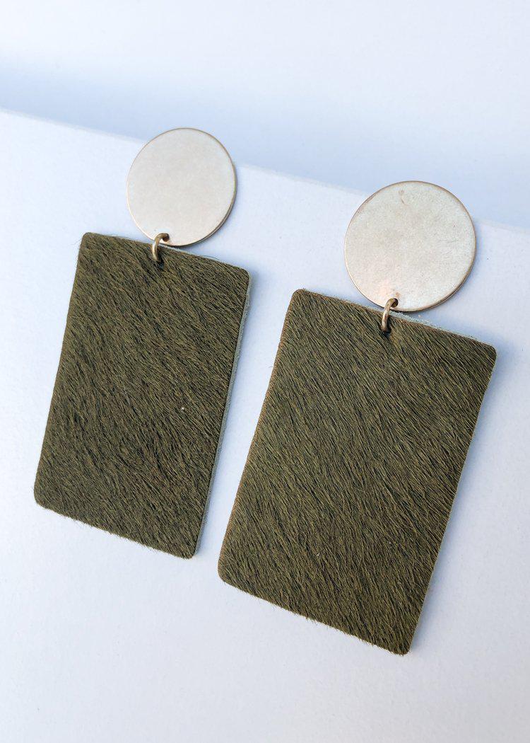 Sheridan Cowhide Leather Drop Earrings - Olive-Hand In Pocket