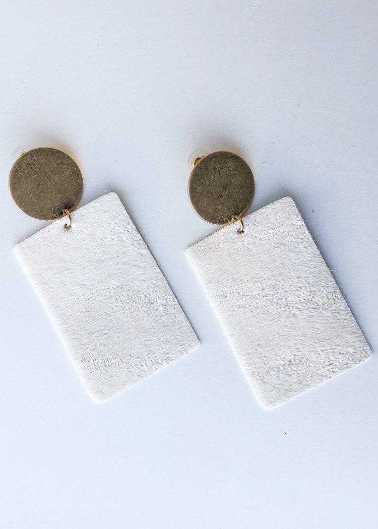 Sheridan Cowhide Leather Drop Earrings - Ivory-Hand In Pocket