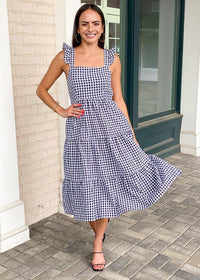 Darwin Gingham Open Back Midi Dress-Hand In Pocket