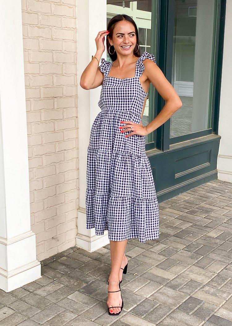 Darwin Gingham Open Back Midi Dress-Hand In Pocket