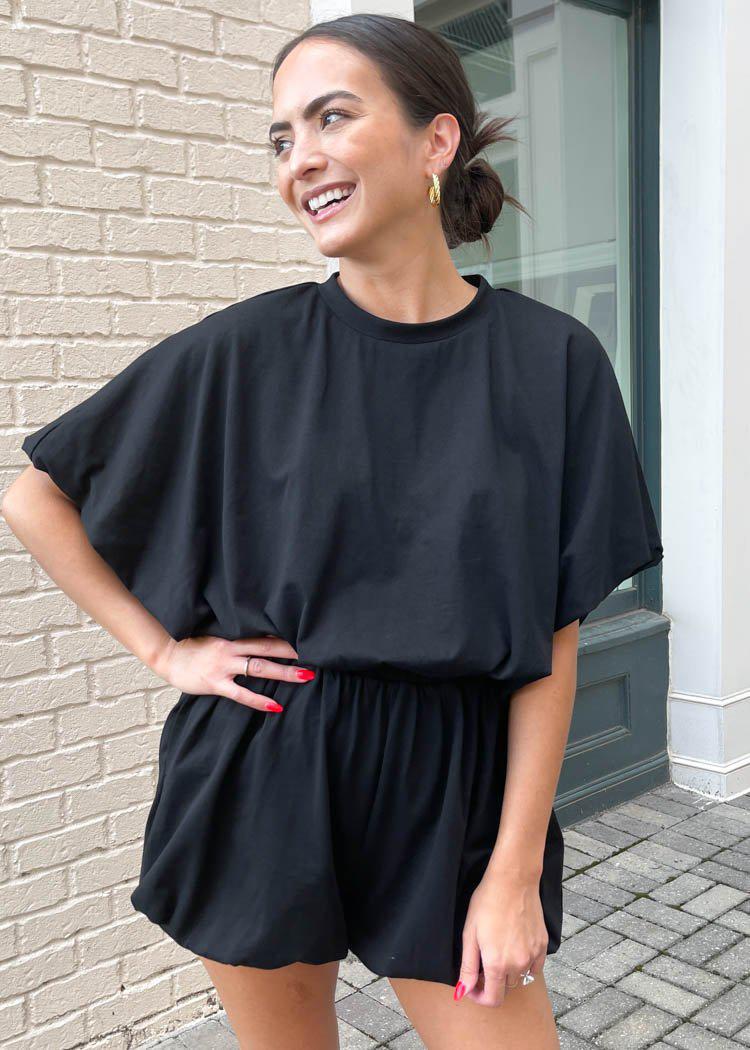 Virginia Short Sleeve Sleeve Bubble Hem Romper-Black-Hand In Pocket