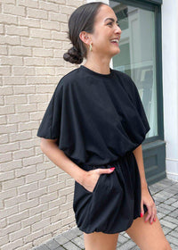 Virginia Short Sleeve Sleeve Bubble Hem Romper-Black-Hand In Pocket