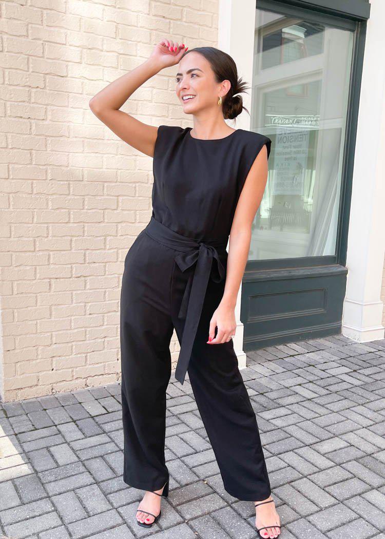 Evora Strong Shoulder Jumpsuit-Black-Hand In Pocket