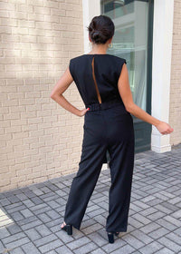 Evora Strong Shoulder Jumpsuit-Black-Hand In Pocket