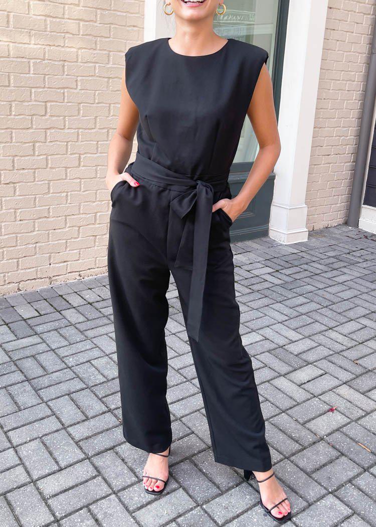 Evora Strong Shoulder Jumpsuit-Black-Hand In Pocket