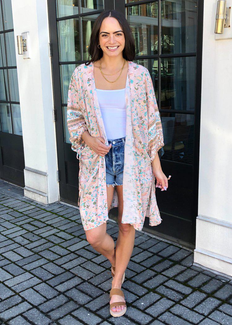 Sierra Printed Open Front Kimono - Blush-Hand In Pocket