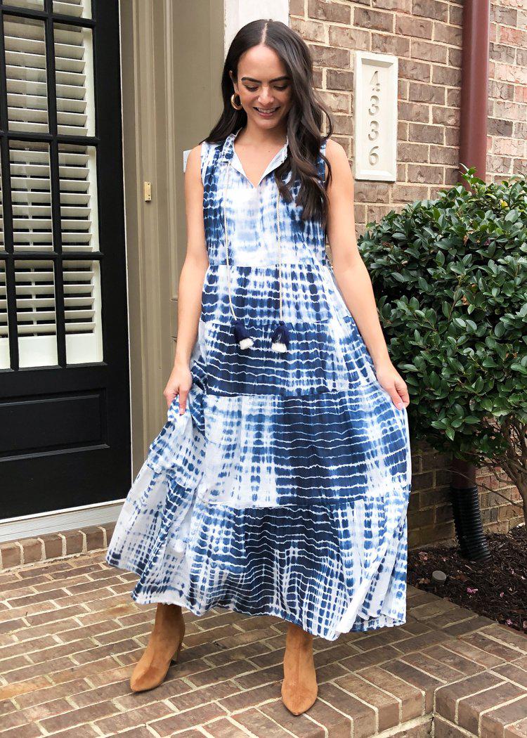 THML Karissa Tie Dye Sleeveless Tiered Maxi Dress - Navy/White-Hand In Pocket