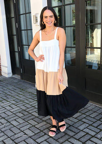 Mia Colorblock Tiered Maxi Dress- Black-Hand In Pocket