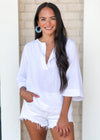 Stark X Gauzy Split V Neck Blouse- White-Hand In Pocket