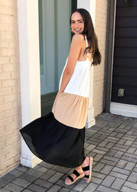 Mia Colorblock Tiered Maxi Dress- Black-Hand In Pocket