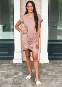 Bobi Knot Front Scoop Neck Tee Dress-Hand In Pocket