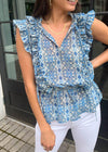 Elan Chania Aztec Pepulm Ruffle Top - Blue-Hand In Pocket