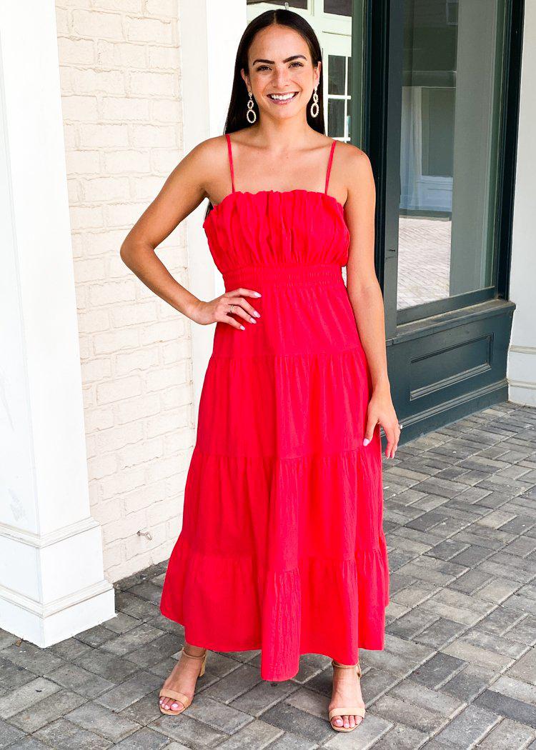 Sanur Pleated Cami Maxi Dress-Red-Hand In Pocket