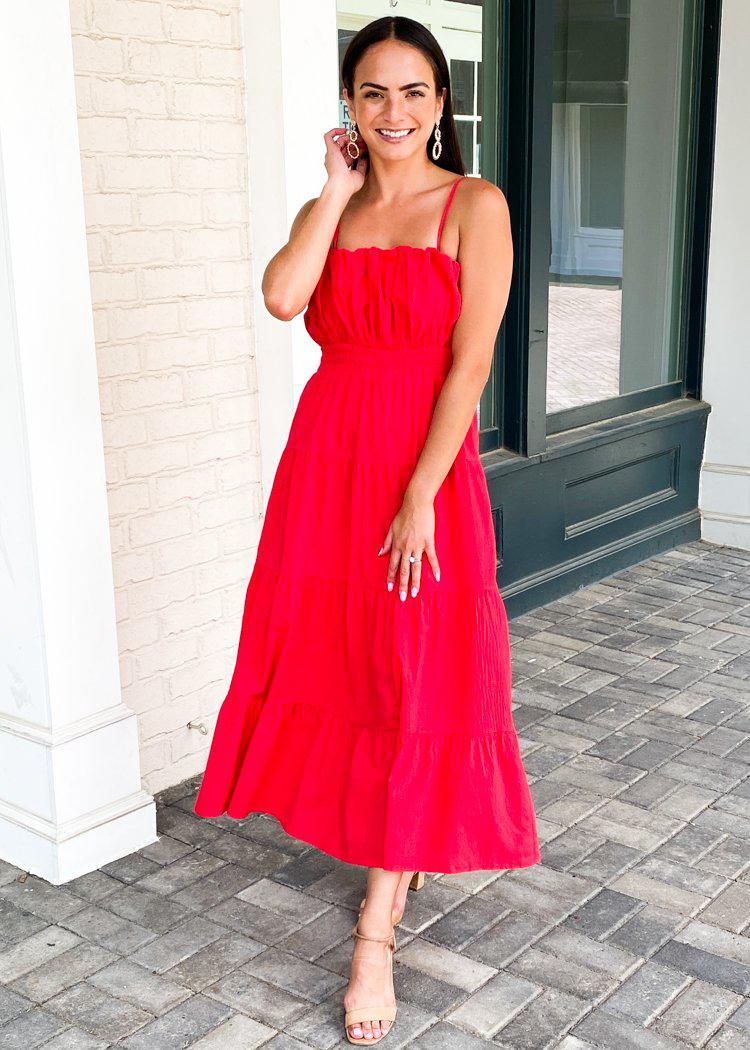 Sanur Pleated Cami Maxi Dress-Red-Hand In Pocket