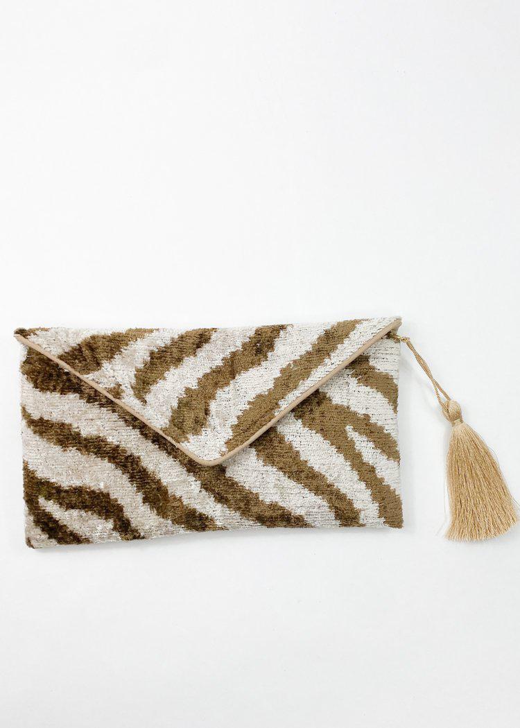 Wolf & Willa Brown Tiger Envelope Silk Velvet Clutch-Hand In Pocket