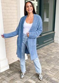 Piedras Longline Fuzzy Cardigan-Dusty Blue ***FINAL SALE***-Hand In Pocket