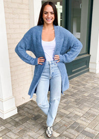 Piedras Longline Fuzzy Cardigan-Dusty Blue ***FINAL SALE***-Hand In Pocket