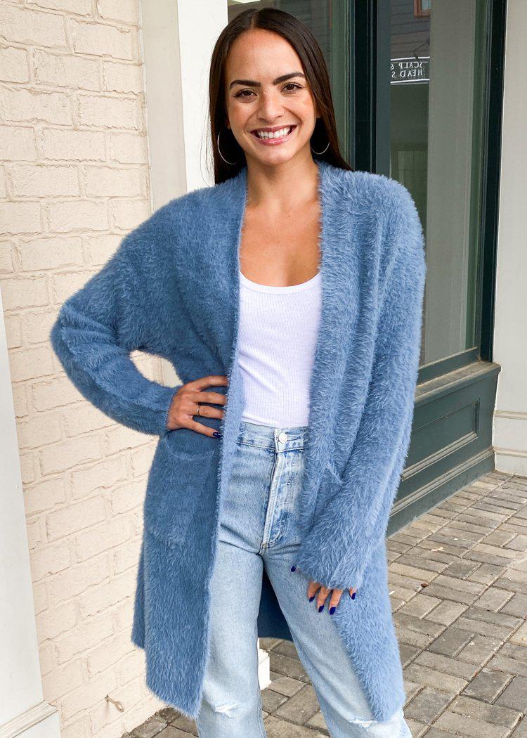 Piedras Longline Fuzzy Cardigan-Dusty Blue ***FINAL SALE***-Hand In Pocket