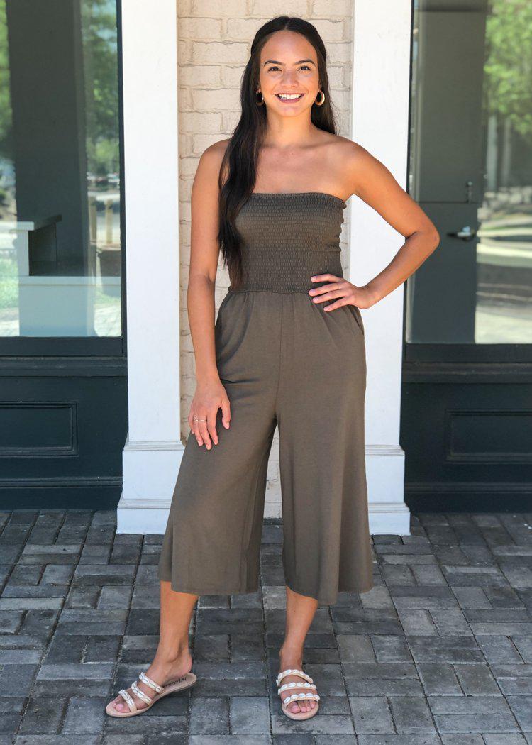 Bobi Wide Leg Strapless Smocked Jumpsuit - Brigade-***FINAL SALE***-Hand In Pocket