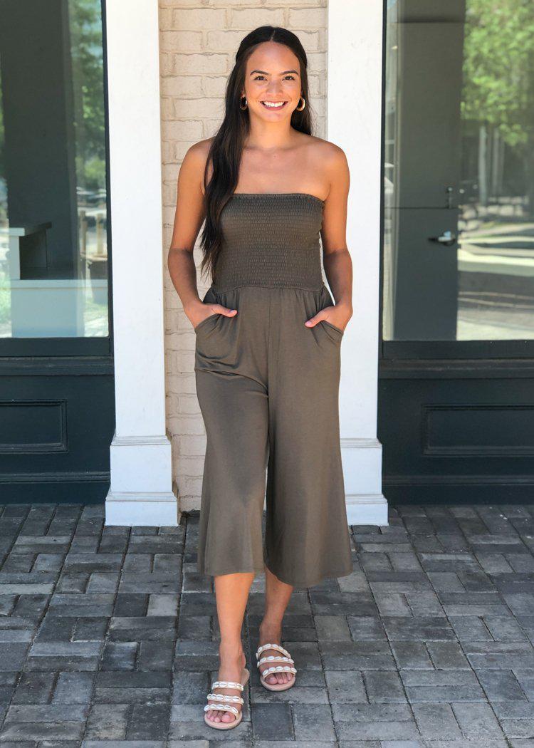 Bobi Wide Leg Strapless Smocked Jumpsuit - Brigade-***FINAL SALE***-Hand In Pocket