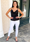 Culebra Satin Cowl Neck Tank-Black-Hand In Pocket